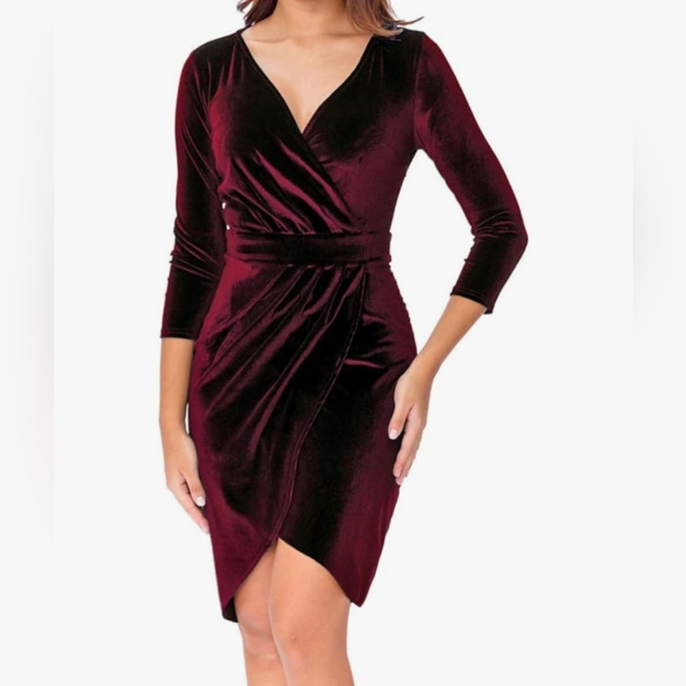 Women’s Long Sleeve Velvet Bodycon Wrap Cocktail Dress for Wedding Guest